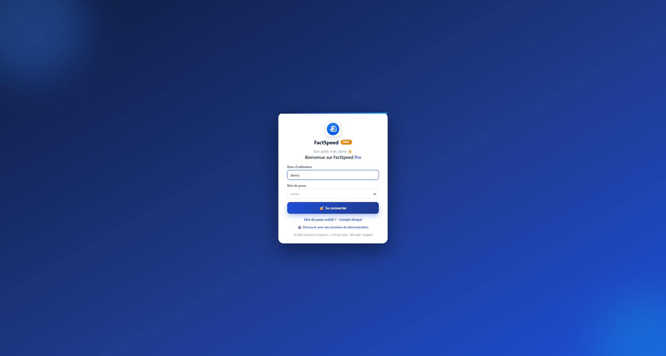 Écran de connexion du logiciel FactSpeed
